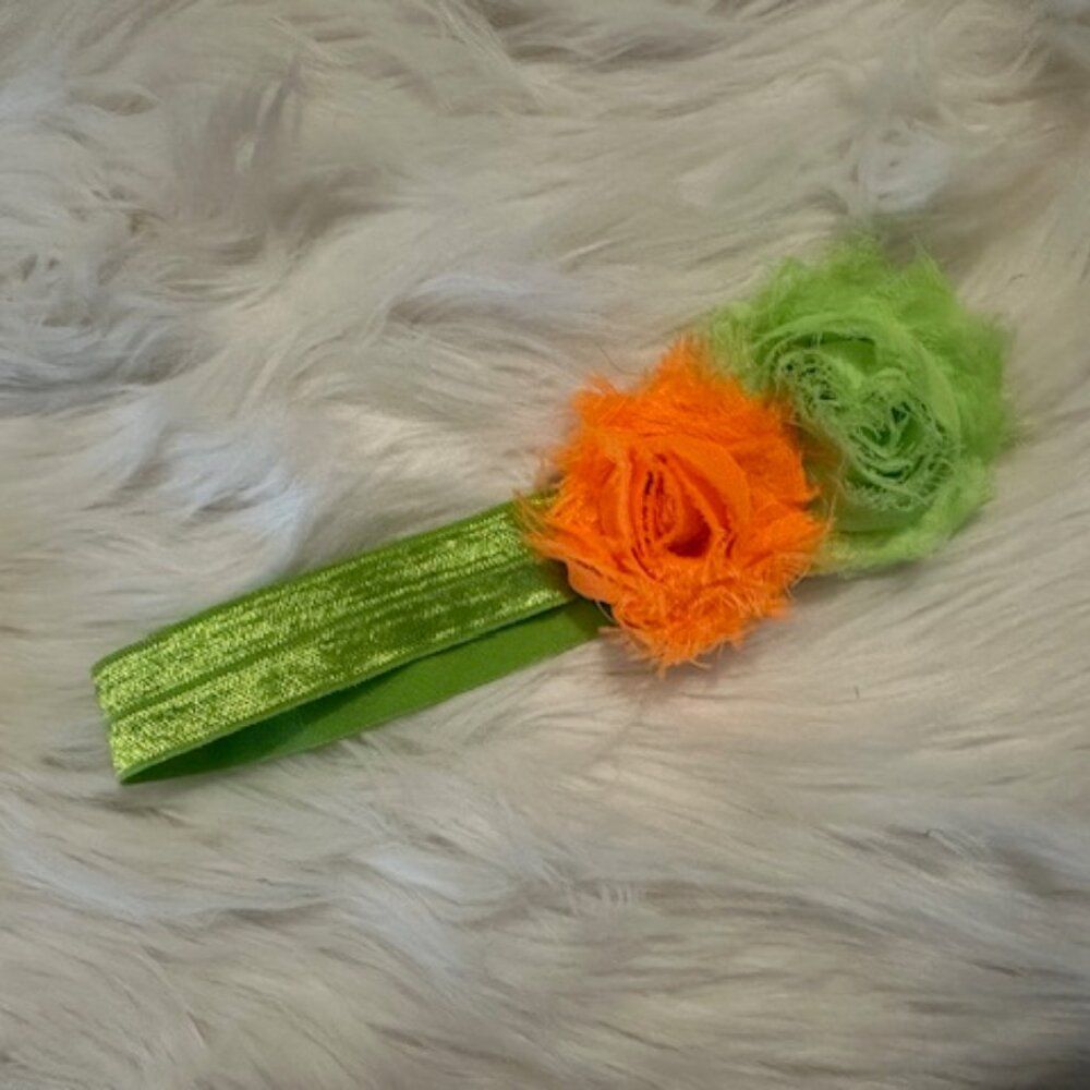 Green & Orange Double Shabby Flowers on a FOE elastic headband  7578  Handmade